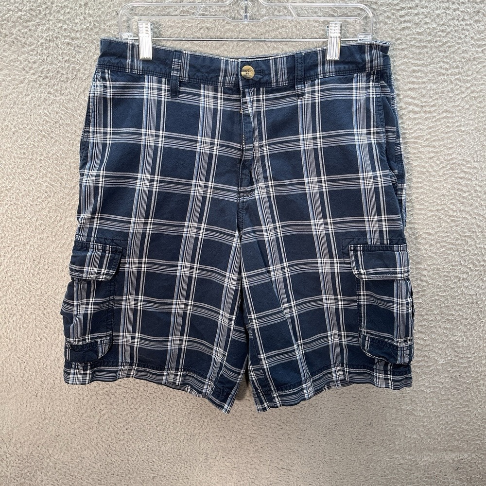Eddie Bauer Shorts Mens 32 Blue White Plaid Cargo Outdoors Hiking Golf Preppy